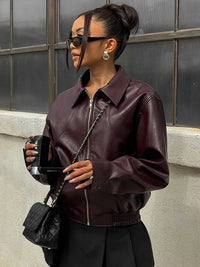 Aya | Reißverschluss-Lederjacke Winter Warm Stilvoll – Wein rot