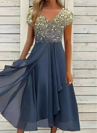 Caelina | Stilvolles Midi-Kleid – Gold-Blau