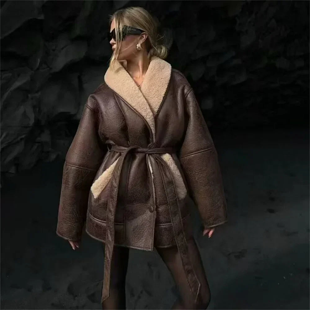 Asvotra | Herbst Winter Zweifarbige Leder- und Fell-Windjacke für Damen
