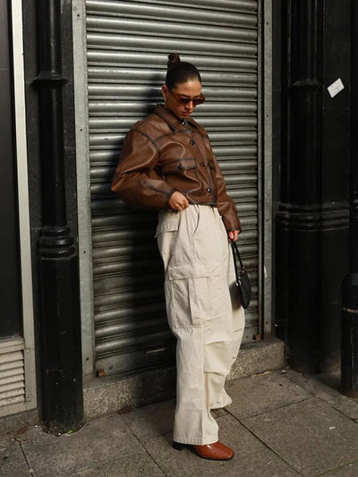 Wispose | Damen retro lederjacke unifarbe mit knöpfen