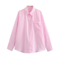 Damen Streifen Kragen Lang Bluse – Rosa