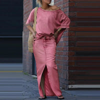 Capri Bleu™ Set mit Asymmetrischem Oberteil und Leichtem Jeansrock – Rosa