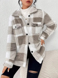 Damen Fleece Jacke mit Karomuster | Warme – Khaki