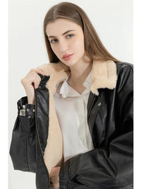 Klefynor | Winter Damen-Lederjacke mit Kunstfell, Langarm, Warm und Locker aus PU – Schwarz