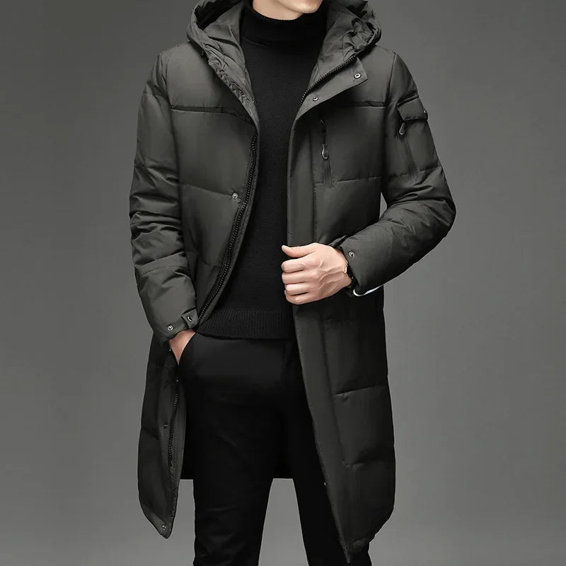 Zavilda| Lange herren parka mit kapuze aus weißem daunenfutter