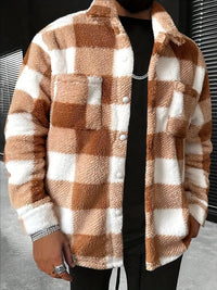 Shivelis | Farbblockierung karierte Fleece-Jacke, lässiger stilvoller Langarm-Mantel – Sepia