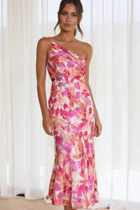 Heidi-Mode | Valencia Blumen-Eine-Schulter-Midikleid Elegante Damenmode – Rosa