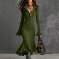 Evora Luxe™ Kleid Aus Geripptem Strick Mit Frontreißverschluss und Meerjungfrauensaum – Grün