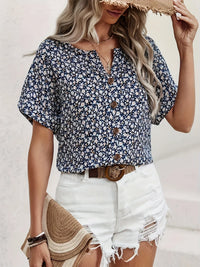 Gianna | Blumenmuster Gathered Shoulder Bluse – Marine