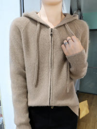 Olithoneia | Damen Fashion Kapuzen-Cardigan mit Reißverschlusss – Camel