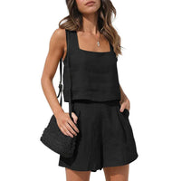 Cassie Sommerlicher Zweiteiler | Modernes ärmelloses Oberteil weite Shorts Sommer Set – Schwarz