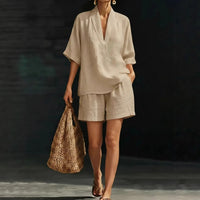 Ayla™ Baumwoll-Leinen-Set mit V-Ausschnitt-Bluse – Khaki