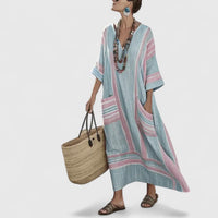 Alina | Damen Boho Maxikleid Taschen Fließend Romantic Sommer Casual – Rosa Grün