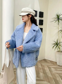 Iresella | Eleganter Damen-Teddy-Mantel aus Kunstwolle - leicht, mit langen Ärmeln und Knopfleiste – Himmelblau