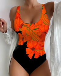 Lucyna - Stilvolles Einteiler-Badeanzug mit Blumenmuster – Orange