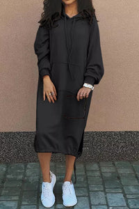 Damen Lange Kapuzenpullover Kleid | Langarm – Schwarz