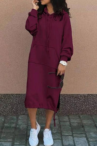 Damen Lange Kapuzenpullover Kleid | Langarm – Wein Rot