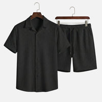 Lars | Herren Sommerlicher Baumwoll-Zweiteiler Gemustert Slim Fit – Baumwoll Set – Schwarz