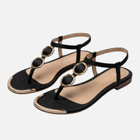 Lena | Damen Strukturierte T-Riemen Sandalen Gold-Details – T-Steg Sandalen Gold – Schwarz