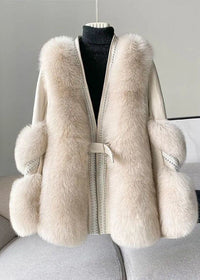Stylish White V Neck Patchwork Mink Hair Coats Winter – Khaki