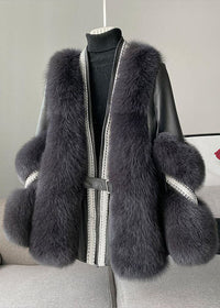 Stylish White V Neck Patchwork Mink Hair Coats Winter – Schwarz
