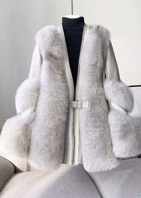 Stylish White V Neck Patchwork Mink Hair Coats Winter – Grau