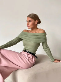Damen Schulterfrei Lang Shirt – Hellgrün
