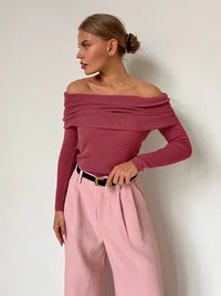 Damen Schulterfrei Lang Shirt – Rot