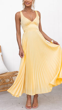 Aby | Gelbes Plissiertes V-Ausschnitt Maxikleid – GELB