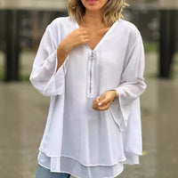 Elegantes Damen Chiffon-Top mit V-Ausschnitt und Reißverschluss – Weiß