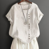 Elegantes Damen T-Shirt mit Rundhals und Knopfleiste – Weiß