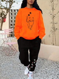 Kuscheliger Damen-Loungeanzug aus Baumwolle mit Katzenprint für Herbst und Winter – Orange