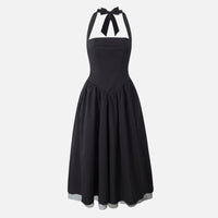 Ursula | Damen Tailliertes Midi-Schwingkleid Neckholder – Fit & Flare Midi – Schwarz