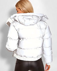 Puffer Bomberjacke für Damen mit Kapuze in Silber – Grau