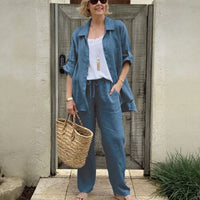 Yasmine™ Baumwoll-Leinen-Set mit Button-down-Hemd und verstellbaren Ärmeln – Navyblau