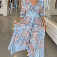 Aisha™ Maxikleid aus Premium-Viskose mit V-Ausschnitt – Blau