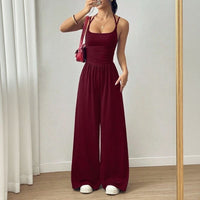 Bela™ Langer Jumpsuit mit weitem Bein, Doppelträgern und offenem Rücken – Bordeaux