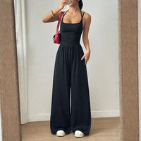 Bela™ Langer Jumpsuit mit weitem Bein, Doppelträgern und offenem Rücken – Schwarz