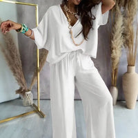 Biarritz™ Set — V-Ausschnitt-Bluse & Palazzo-Hose mit verstellbarem Kordelzugbund – Weiß