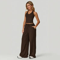 Lunary™ Set Mit Minimalistischem Top und Fließender Pantalonhose – Braun