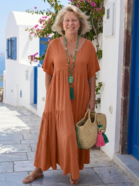 Zinnia | Damen Stufen-Maxikleid Kurzarm Blau Fließend – Orange