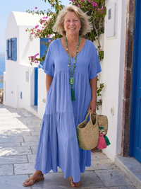 Zinnia | Damen Stufen-Maxikleid Kurzarm Blau Fließend – Himmelblau