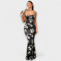 Thalia - Floral Print Prom Dress with Tied Shoulder Straps – Schwarz