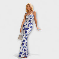 Thalia - Floral Print Prom Dress mit gebundenen Schulterträgern – Weißblau