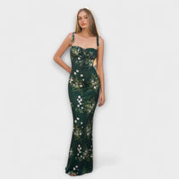 Thalia - Floral Print Prom Dress mit gebundenen Schulterträgern – Dunkelgrün