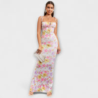 Thalia - Floral Print Prom Dress mit gebundenen Schulterträgern – Pinkgelb