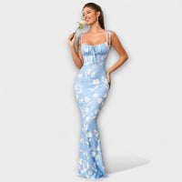 Thalia - Floral Print Prom Dress mit gebundenen Schulterträgern – Blautulpe