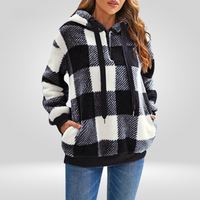 Damen Kapuzenpullover Mit Halbem Reißverschluss Und Karomuster | Strick – Schwarz