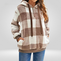 Damen Kapuzenpullover Mit Halbem Reißverschluss Und Karomuster | Strick – Beige