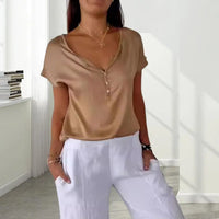 Top Damen - Loose Fit mit V-Ausschnitt und Knöpfen | Elegant – Hellbraun